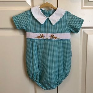 Boys Collared Blue Gingham Smocked Bubble 12M